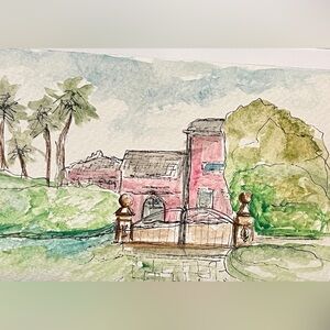 Hand painted original Watercolor Landscape palm beach mansion